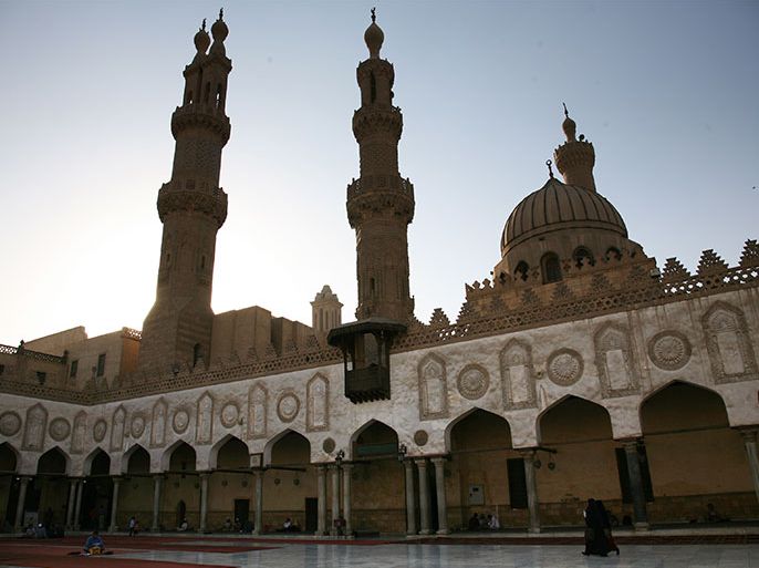 epa02359179 Two Muslim faithful walk in the inner court of the Al-Azhar Mosque in Cairo, Egypt, 26 September 2010. Al-Azhar mosque was established in 972 AD It is one of Cairo's oldest mosque and the world's oldest university the first lectures were delivered in its premises in 975 AD.The mosque is located at al- Hussein area near the Khan al-Khalili bazaar in Cairo. Al-Azhar university has nowadays many departments on top of its original religious studies one as modern schools of medicine, science and foreign languages. The university classes are conducted in adjacent buildings and the old mosque building itself serves mainly for prayers. EPA/AMEL PAIN