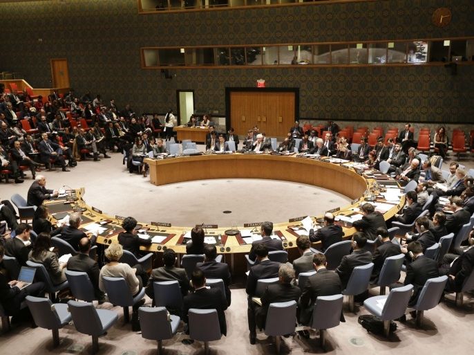 Members listen as Palestinian Ambassador to the United Nations Riyad Mansour, left, speaks during a meeting of the U.N. Security Council, Tuesday, Dec. 30, 2014, at the United Nations headquarters. The United Nations Security Council has rejected a Palestinian resolution demanding an end to Israeli occupation within three years on Tuesday. (AP Photo/Frank Franklin II)