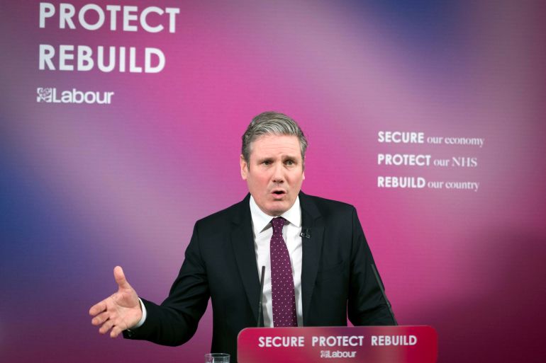 British Labour Party leader Keir Starmer delivers a virtual speech on Britain's economic future in the wake of the coronavirus disease (COVID-19) pandemic, at Labour Party's headquarters in central London, Britain February 18, 2021. Stefan Rousseau/Pool via REUTERS