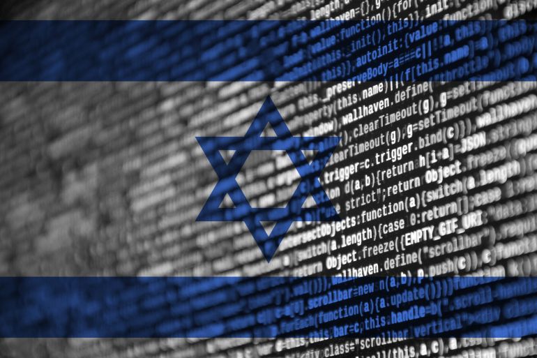Israel flag is depicted on the screen with the program code. The concept of modern technology and site development.