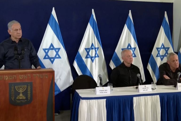 المؤتمر الصحفي لمجلس الحرب الإسرائيلي من شاشة الجزيرة