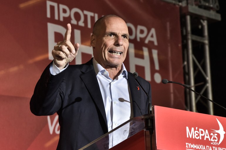 Leader of the left wing party MERA25 Yanis Varoufakis delivers a speech during the party's main election campaign rally in Athens on May 19, 2023, ahead of the general elections in Athens scheduled for May 21. (Photo by Spyros Bakalis / AFP)