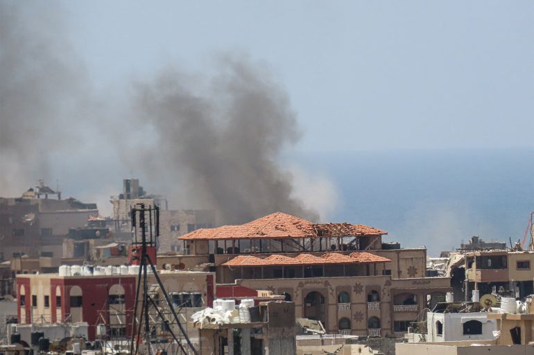 GAZA CITY, GAZA - JULY 10: Smoke rises after an attack of Israeli army in Tel al-Hawa is a neighborhood, the southern part of the city of Gaza, on July 10, 2024. Many buildings were completely destroyed or severely damaged as a result of the Israeli attacks on the area. (Photo by Stringer/Anadolu via Getty Images)