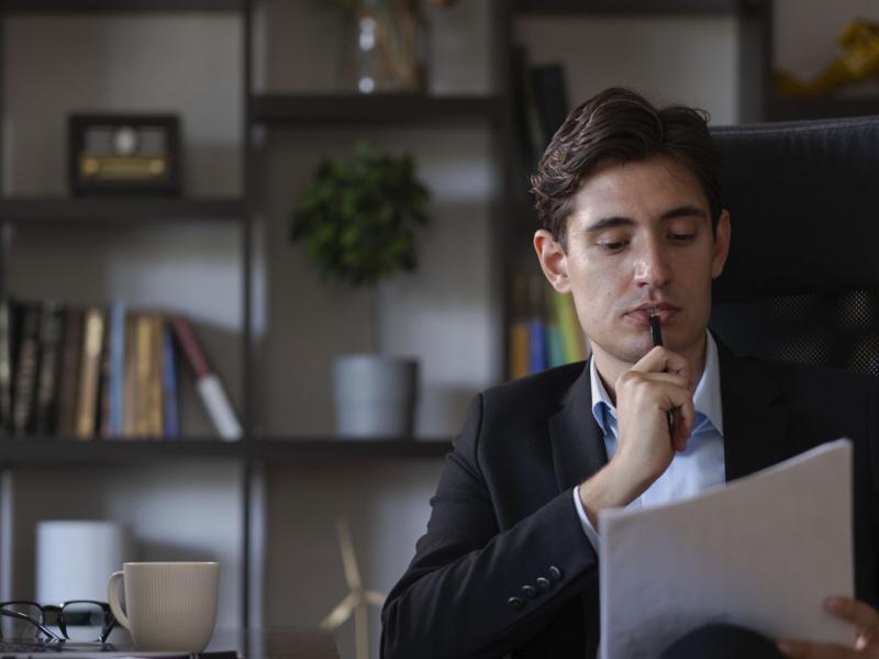 Businessperson in suit carefully reading official documents in office