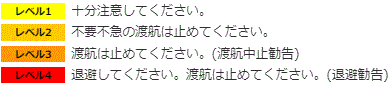 黄色箇所 レベル１:十分に注意してください。薄橙色箇所 レベル２:不要不急の外出は止めてください。橙色箇所 レベル３:渡航は止めてください。（渡航中止勧告）赤色箇所 レベル４:退避してください。渡航はやめてください。（退避勧告）