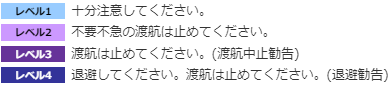 水色箇所 レベル1:十分注意してください。薄紫色箇所 レベル2:不要不急の渡航は止めてください。紫色箇所 レベル3:渡航は止めてください。 （渡航中止勧告）青色箇所 レベル4:退避してください。渡航は止めてください。（退避勧告）