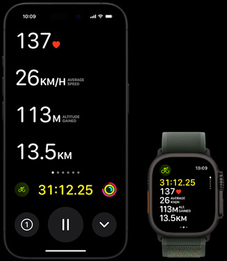 Live Activity showing a person’s biking metrics on both their Apple Watch Ultra 2 and their iPhone.