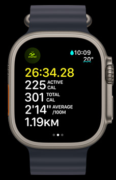 Apple Watch Ultra 2 demonstrating an open-water swim with the time, calories and pace.