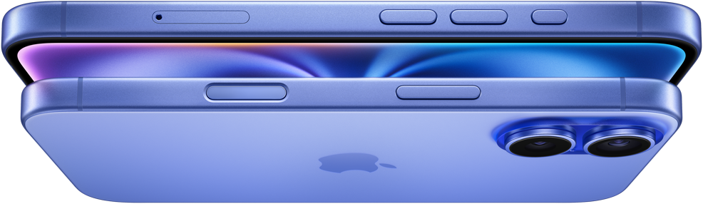 A front-facing iPhone 16 in a hand with a thumb on the Side button.