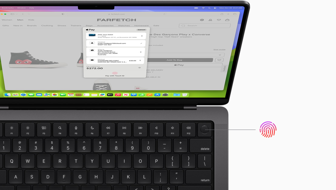 MacBook Pro screen shows an online purchase being made with Touch ID.