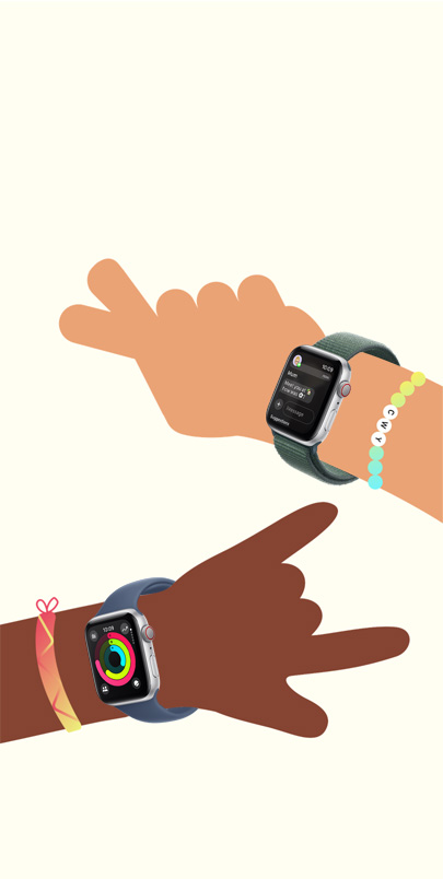 Illustration of two childrens’ hands. Each is wearing an Apple Watch SE. Click the plus button to see more information on Apple Watch For Your Kids features.