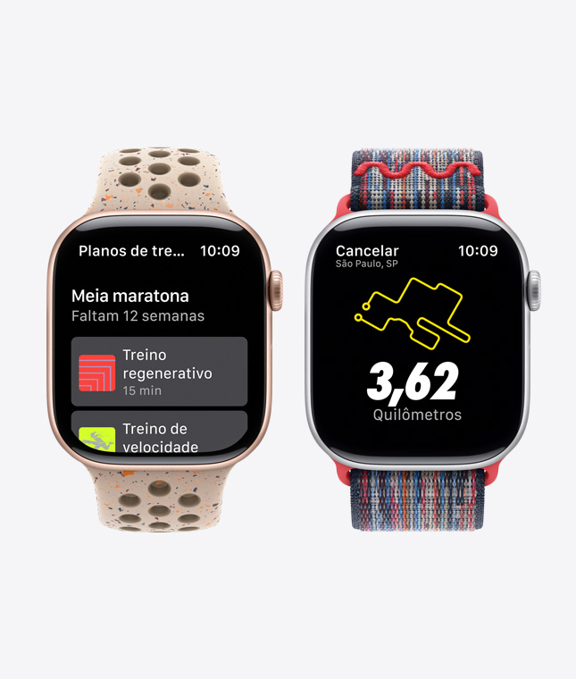 Dois relógios Apple Watch mostrando o recurso Planos de Treino do app Nike Run Club.