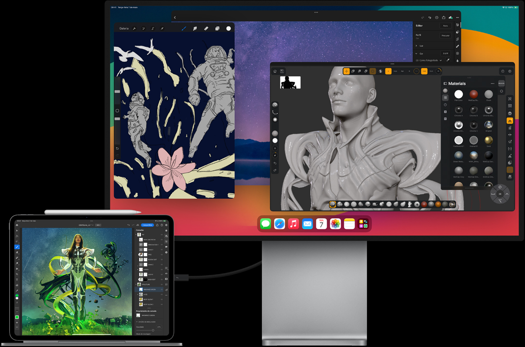 iPad Pro conectado ao Magic Keyboard na horizontal, conectado a um monitor externo, mostrando a edição de imagens em ambas as telas.