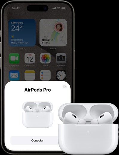 iPhone 15 Pro tocando música ao lado dos AirPods Pro