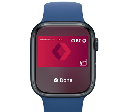 A front view of an Apple Watch. Someone made a payment with Apple Pay.