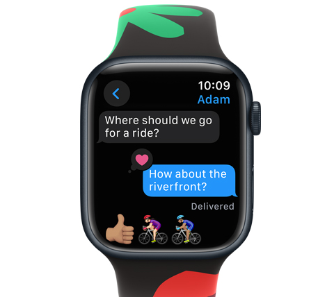 A front view of an Apple Watch with a text message.