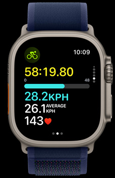 Apple Watch Ultra 2 demonstrating how fast a person is riding their bike.