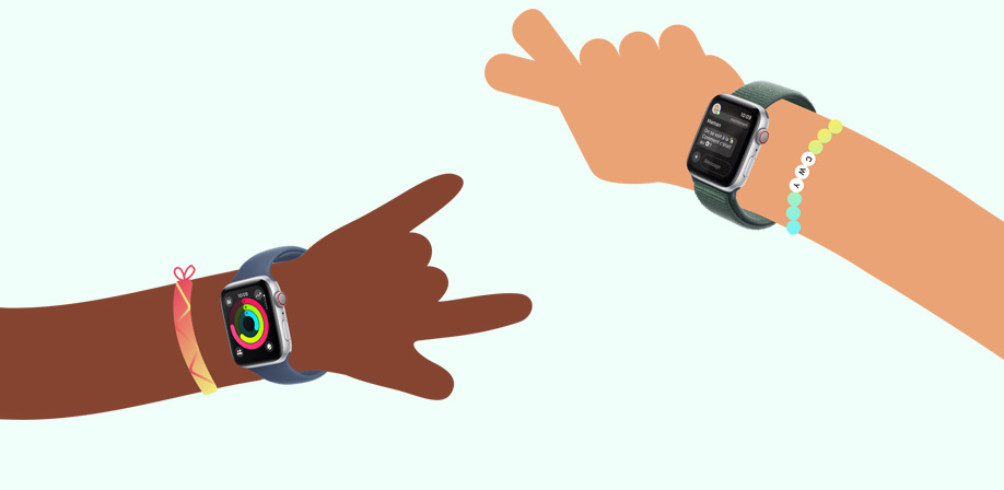 Illustration de deux bras d’enfants avec une Apple Watch SE affichant respectivement les anneaux d’activité et l’app Messages.