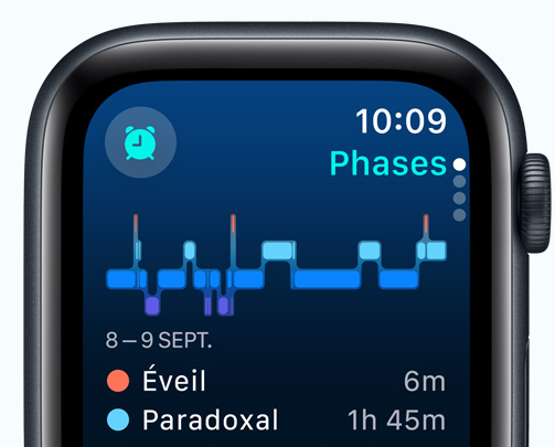 Écran de l’app Sommeil montrant les phases de sommeil, les minutes d’éveil et les minutes de sommeil paradoxal