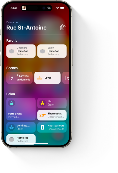 Un iPhone montrant la vue Domicile de l’app Domicile.