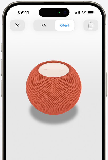 HomePod orange en RA sur l’écran d’un iPhone.