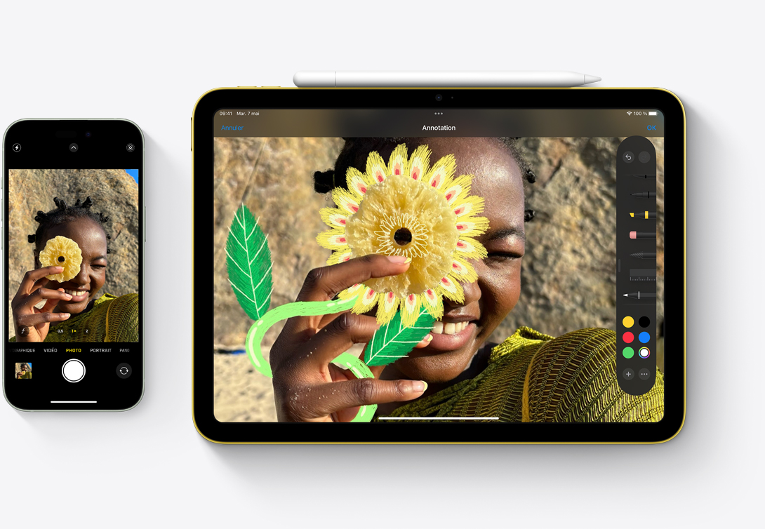 iPhone 15 et iPad placés côte à côte pour montrer qu’une photo prise avec la caméra d’iPhone peut être annotée dans l’app Photos sur iPad.