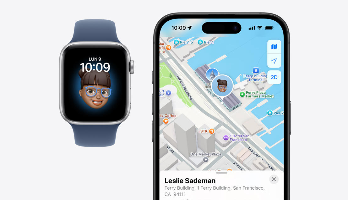 Une Apple Watch Series 9 affichant le memoji d’une enfant, et un iPhone 15 Pro montrant la position de l’enfant dans l’app Localiser.