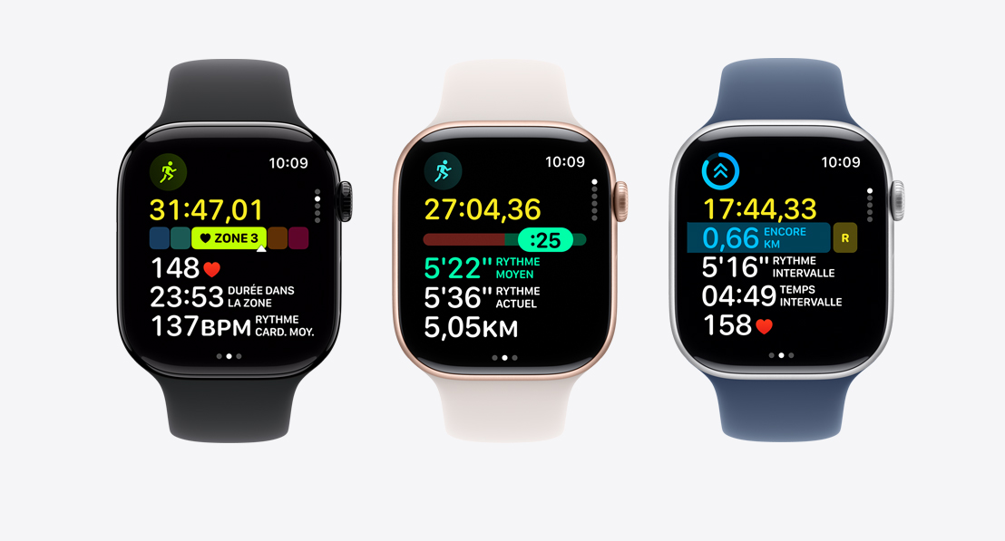 Image montrant trois Apple Watch Series 9. La première affiche les zones de fréquence cardiaque d’un entraînement, la deuxième affiche un entraînement de rythme et la troisième affiche un entraînement personnalisé avec des intervalles.