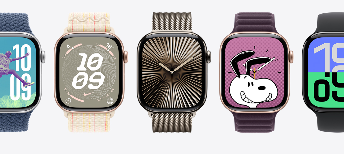 Cinq Apple Watch Series 9 montrant les cadrans Palette, Modulaire, Snoopy, Globe Nike et Heure du jeu.