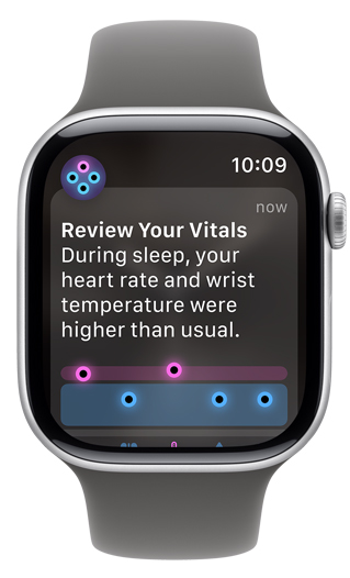 Écran d’Apple Watch affichant une alerte qui invite à vérifier les signes vitaux