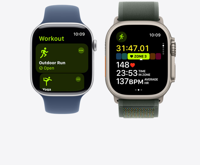 Front view of an Apple Watch Series 10 and Apple Watch Ultra 2 showing a Yoga Workout screen and a Running Workout screen with multiple metrics.