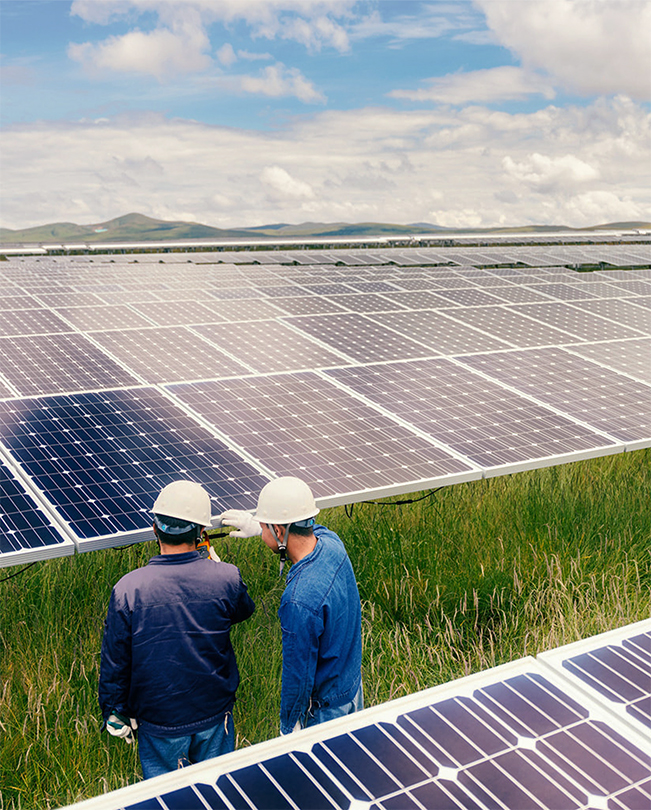 Dos personas con cascos trabajan con paneles solares en exteriores, rodeados de césped.