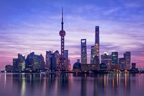 View of the cityscape in Shanghai at sunset. 