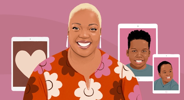 Ilustração da Nafisah sorrindo ao lado de fotos em dispositivos iPad.