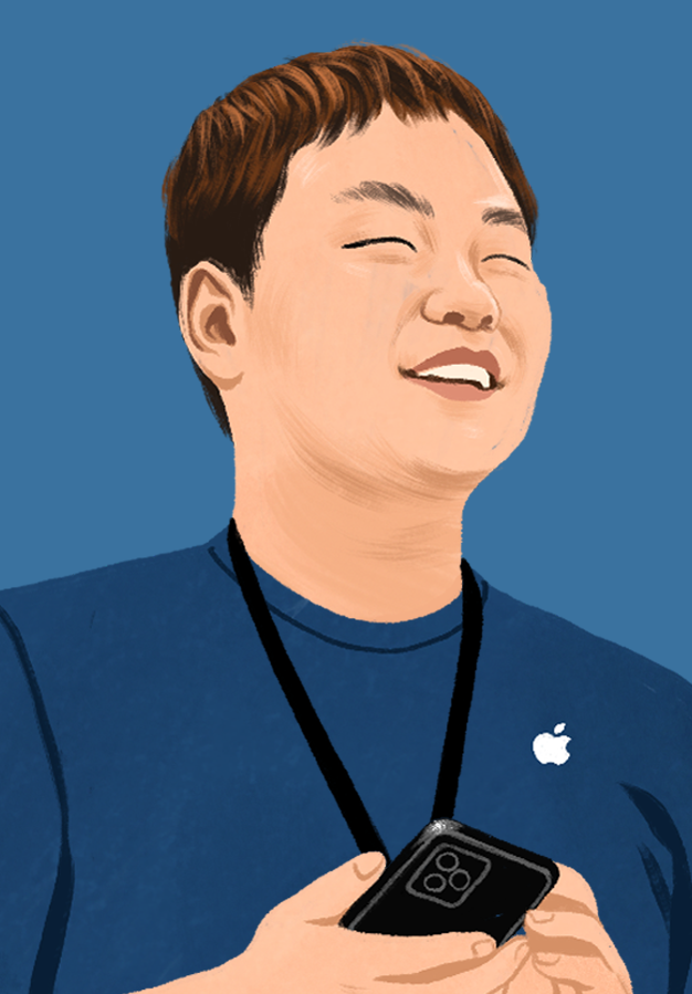 William 在 Apple Store 展露笑容的人像插圖。