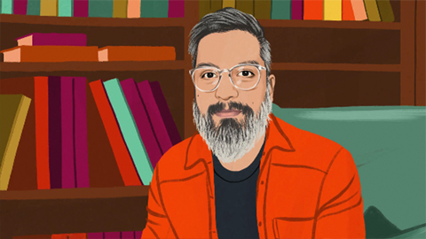 Illustrerat porträtt av en Apple-medarbetare som sitter i en fåtölj framför en bokhylla och tittar på läsaren.