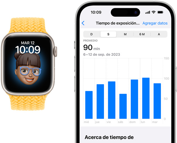 Vista frontal de un Apple Watch y un iPhone. Un iPhone muestra el tiempo de exposición al sol.