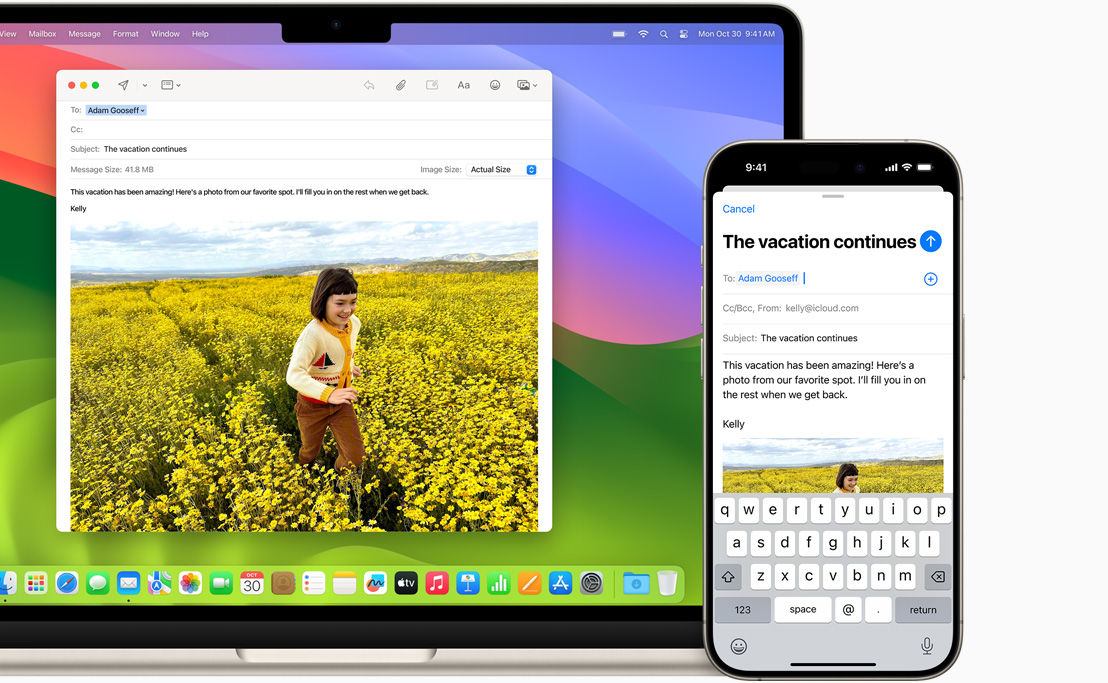 Stejný e-mail otevřený na 13palcovém MacBooku Air a iPhonu 15.