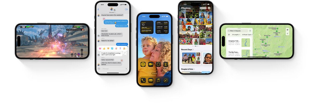 Několik iPhonů se zobrazenými novými funkcemi iOS 18