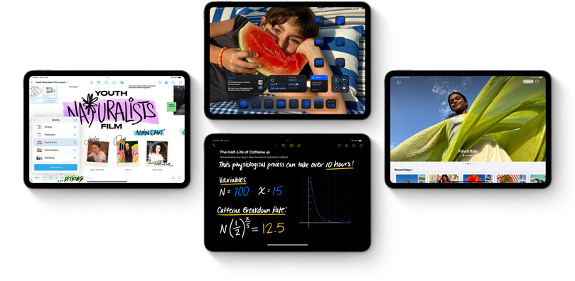 Několik iPadů se zobrazenými novými funkcemi iPadOS 18