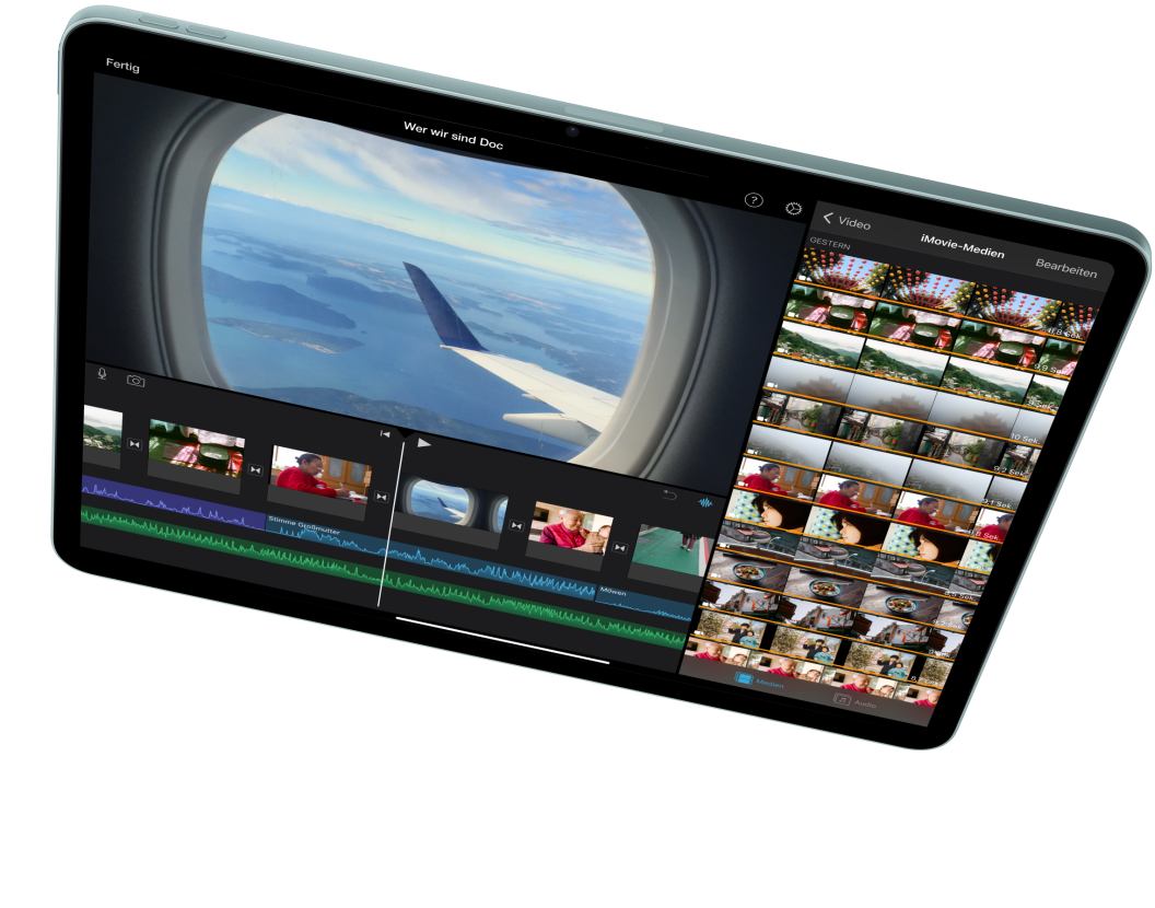 Ein iPad Air im Querformat, auf dem der Videoschnitt in iMovie gezeigt wird