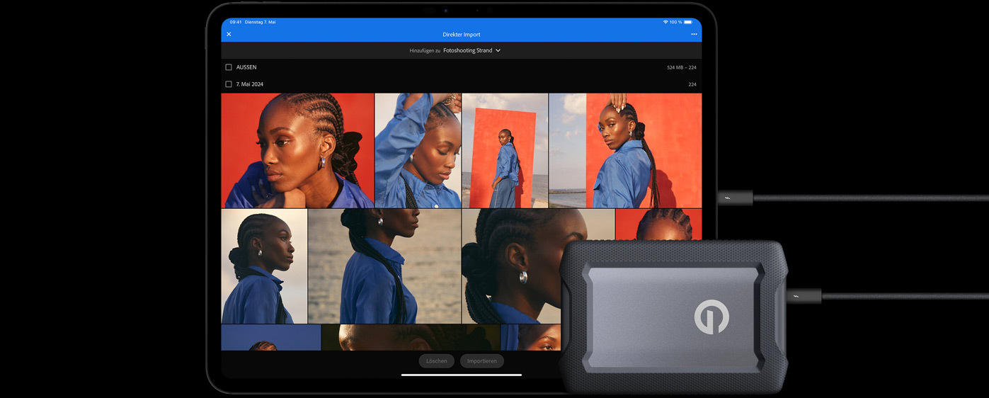 Ein iPad Pro im Querformat, das Display zeigt mehrere Fotos, eine externe Festplatte vor dem iPad ist mit einem Kabel angeschlossen