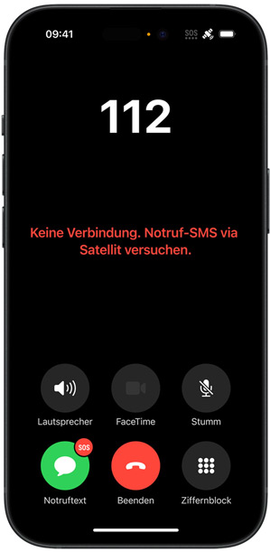 Ein iPhone zeigt die Nachricht „Keine Verbindung. Notruf SMS via Satellit versuchen.“