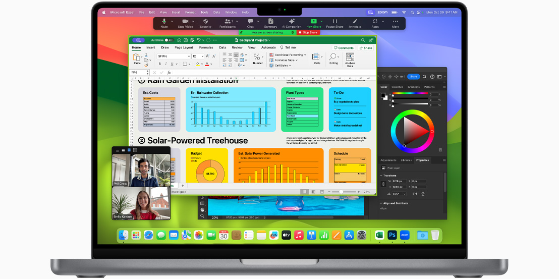 A Mac laptop screen shows a video call and a spreadsheet project.