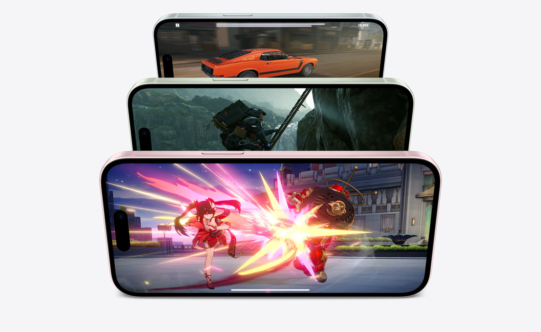 Three horizontally stacked iPhone models show different examples of fast and fluid gaming.