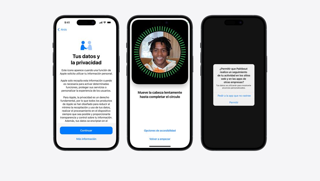 Three iPhone models show different examples of everyday privacy features, including Face ID.