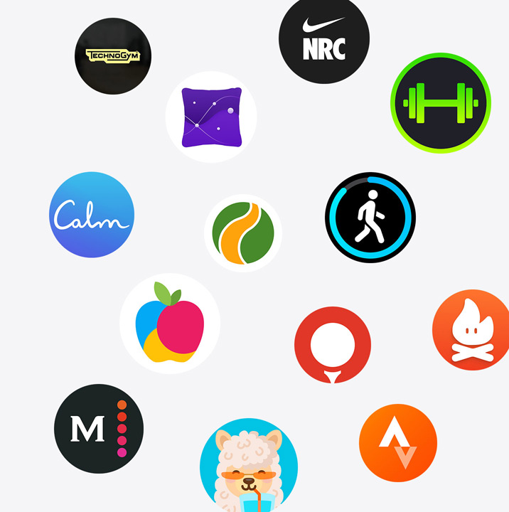 The icons of Apple Watch apps from the App Store. ChargePoint, Yelp, Nike Run Club, SmartGym, Calm, NBA, SwingVision, Oceanic+, WeChat, Waterllama, Golfshot, JetBlue, and AllTrails.