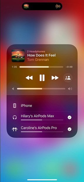 iPhone screen displays two sets of AirPods listening to “All for Nothing (I’m So in Love)” by Lauv.