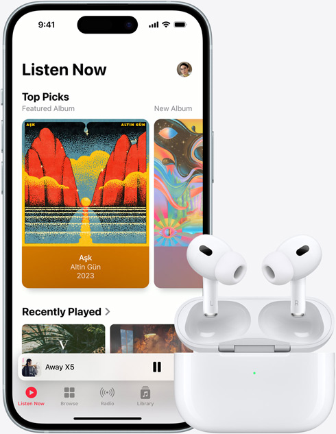 An image of iPhone 15 playing a track through Apple Music, sits next to a pair of AirPods.