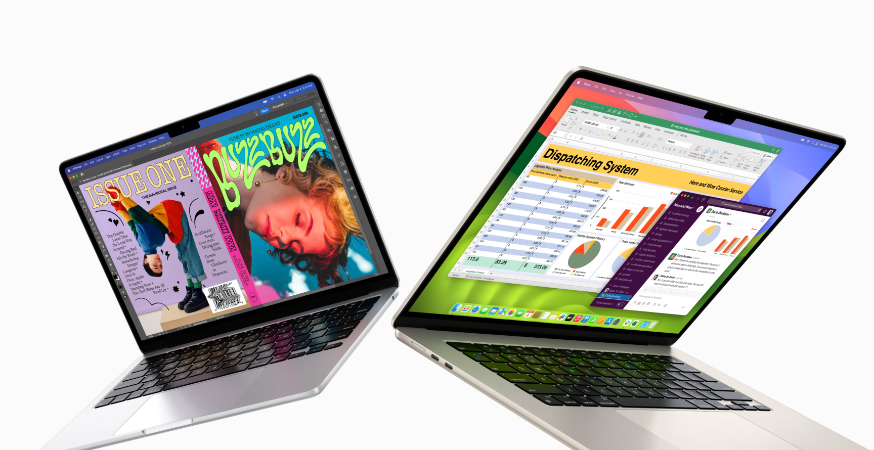 Partially open 13-inch MacBook Air on left and 15-inch MacBook Air on right. 13-inch screen shows colourful magazine cover created with In Design. 15-inch screen shows Microsoft Excel and Slack.